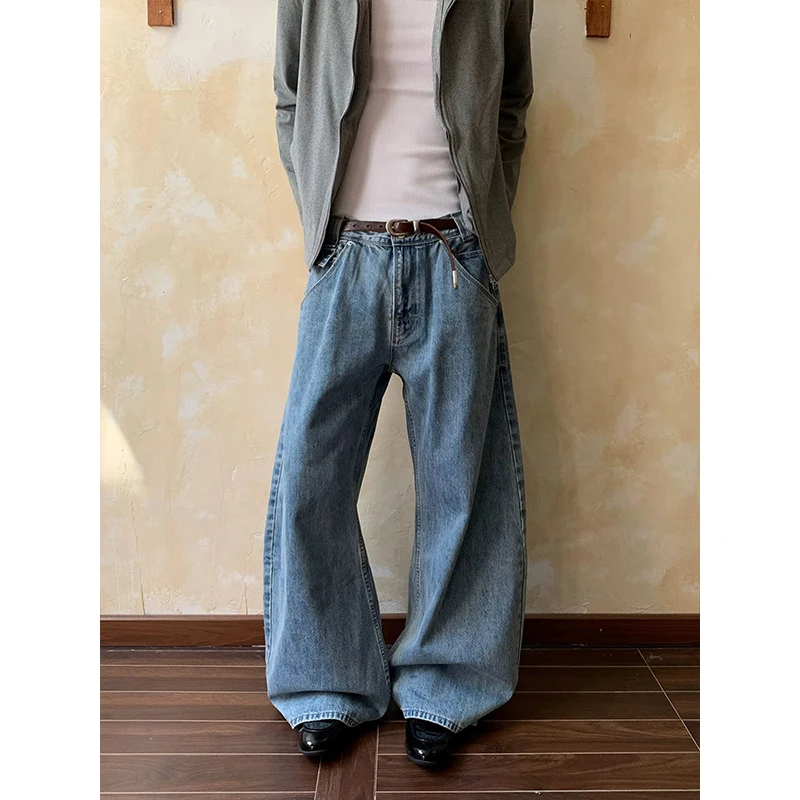 Men Trousers American Retro Solid Color Washed Male Harem Pant Loose High Waist Wide Leg Versatile Man Denim Pant