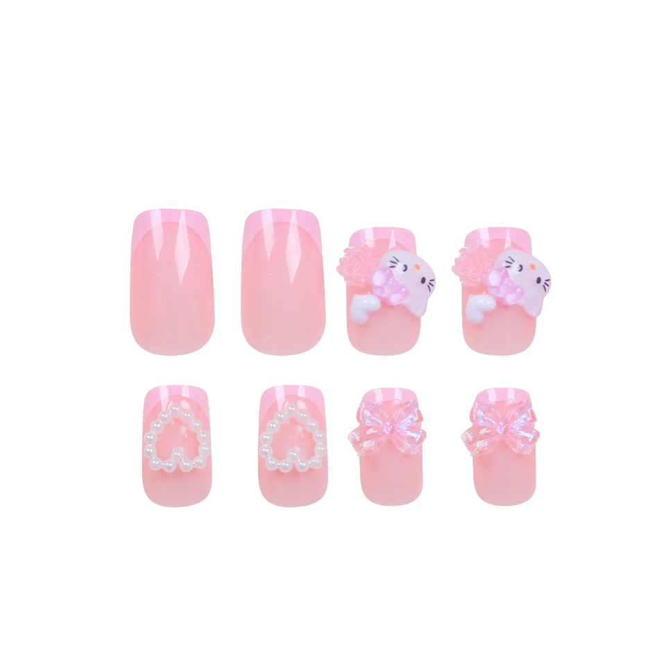 24 uñas postizas medianas cuadradas, rosa francés, lindo gato caricatura, blanco, amor, camelia, gelatina, moño 5