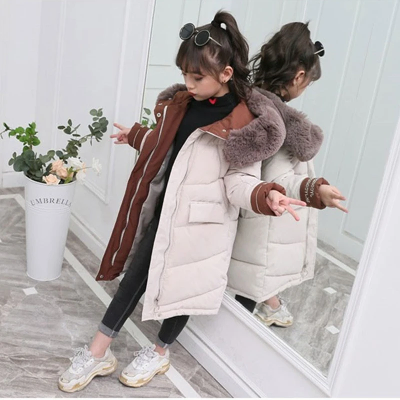 Girl Winter Jacket Kids Outdoor Warm Coat Thick Parka Children\'s Clothing Windproof Cotton Jacket Fur Hooded Outerwear 3-13 Year