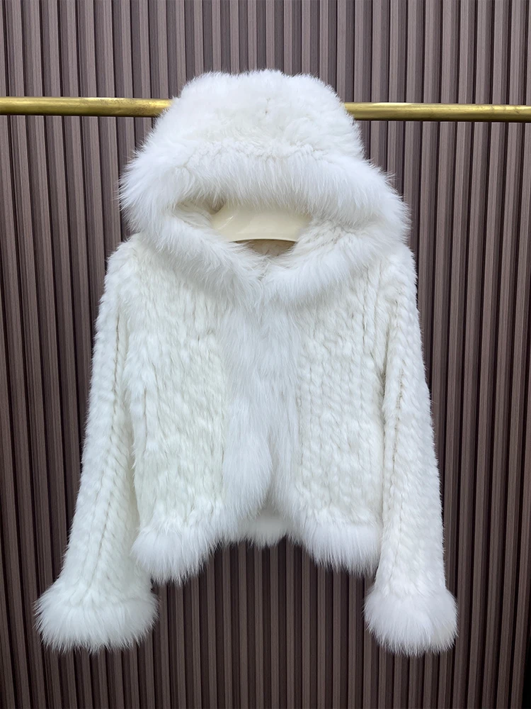 2025 패션 여성 천연 토끼털 코트 니트 리얼 폭스털 후드 재킷 오버코트 의류