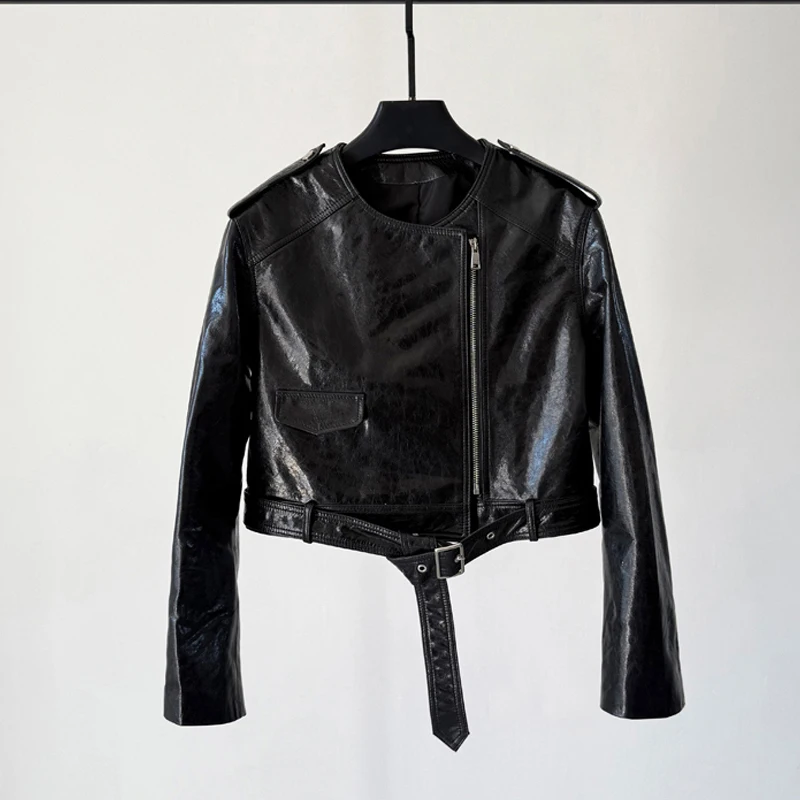 Vintage Öl Wachs Leder Frauen Echt Leder Moto Jacken Mantel 2025, Neue Oansatz Kurze Schaffell Gürtel Weibliche High Street Jacke Tops