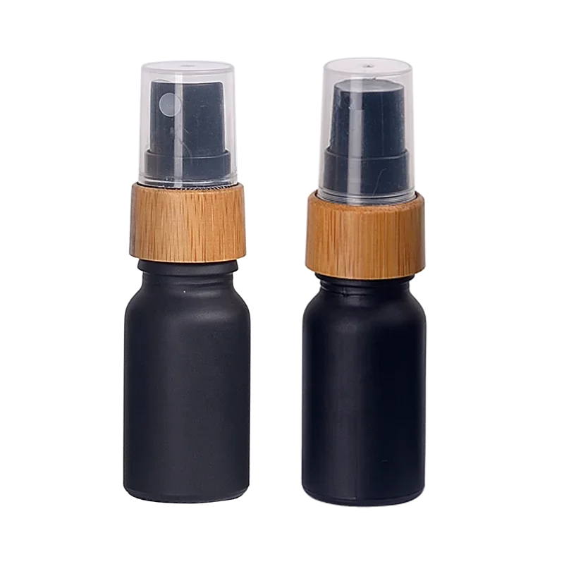 100pcs matte black glass bottle 10 ml empty cosmetic glass bottles serum bottle with 18 mm bamboo wooden fine mist sprayer