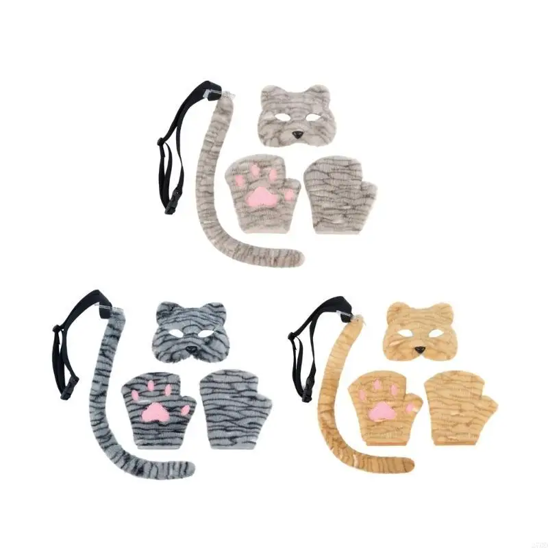

270D Faux Furs Foxes Tail Cats Wolf Mask Halloween Cosplay Costumes for Womens Therians Mask and Tail Set Foxes Mask Tail