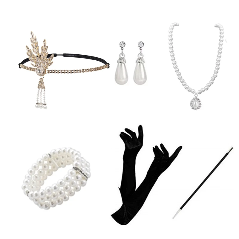 1920s Flapper Girls Fashion Accessories Sets Costume 20s Gatsby Feather Headband Headwear Earrings Gloves Necklace Jewelry 25