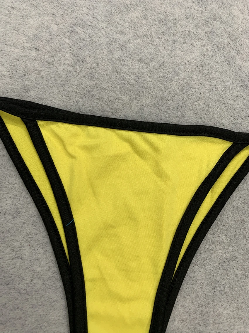 Y2K Gelb-Schwarz Verzierter 3-Teiliger Badeanzug, Neckholder-Bikini, Kurzarm-Crop-Top, Unterteil mit Bindeband, Sommer-Strandparty-Badeanzug für Damen – Detail 8