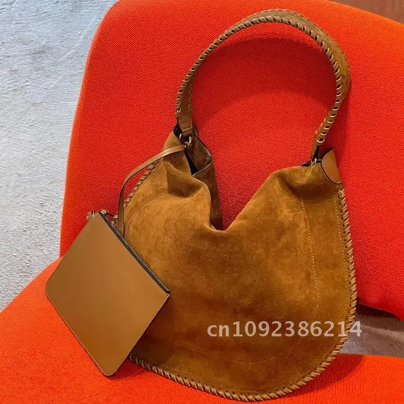 

Vintage Faux suede women big Woven strap Shoulder Bag for totes Female handbag and leather Matte Armpit lady bolsa bag purse