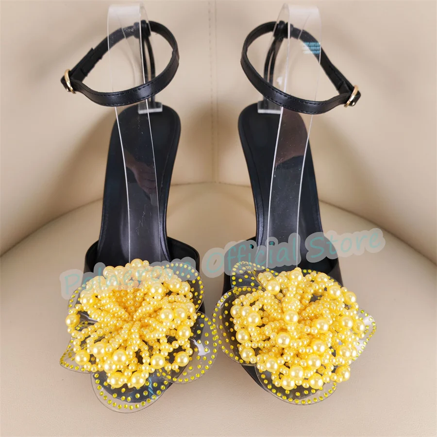 Luxury String Bead Flowers Decor Women Pumps Flamingo High Heel Round Toe Buckle Strap Sandals Lady Summer Gladiator Shoes