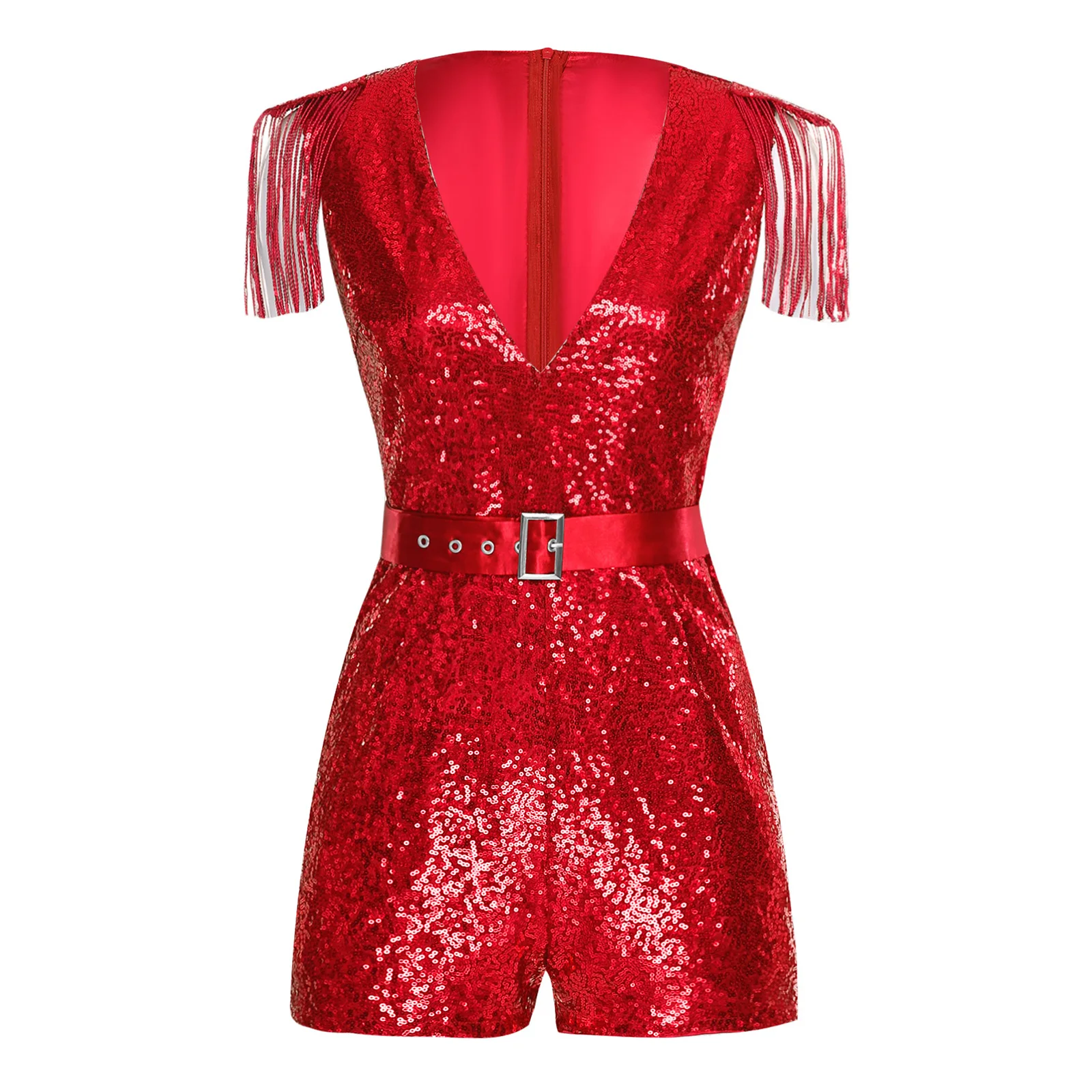Women Sequined Unitard Fashion Short Romper Belted Tassels Jumpsuits Clubwear Sleeveless Sparkly Rave Disco Club Party Costume