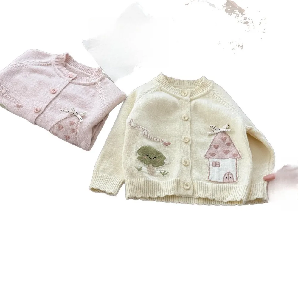 2026 New Korean Style Autumn Girls Knit Cardigan, Raglan Sleeve House Pattern Top For Little Girls Kids Fall Outfits
