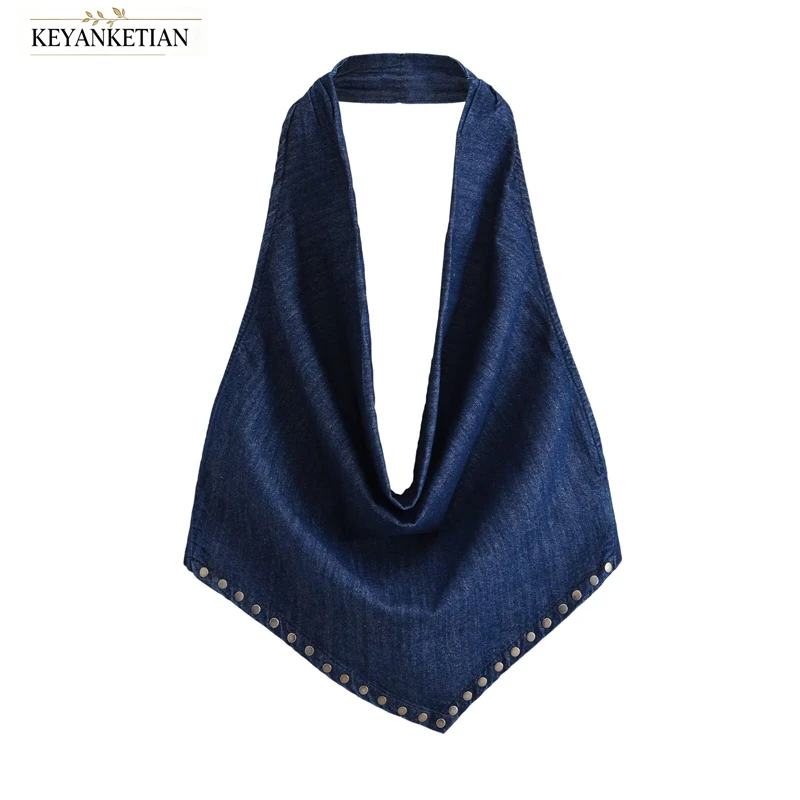 KEYANKETIAN 2026 Summer Women Denim Halter Top Cowboy Rivet Trim Draped V‑Neck Back Tie‑Up Sleeveless Y2K Vintage Cami Vest