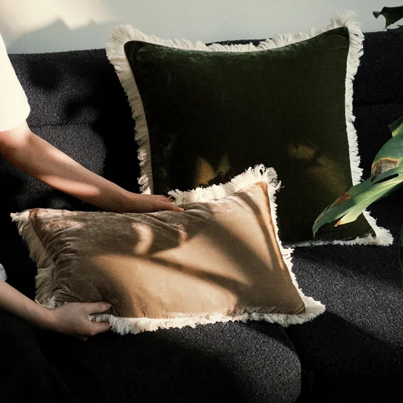 Vintage Mid‑Century Velvet Cushion Cover With Fringe Tassel Cream Fringed Edge Decorative Throw Pillow Case For Sofa Living Room