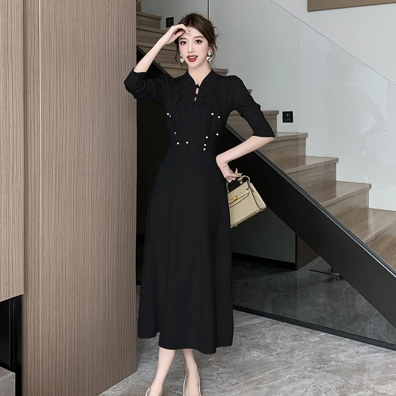 MiiiiX Chinese Style Retro Improved Cheongsam Women Knitted Dress 2024 Autumn Slim Knot Button A-line Long Dress Female Clothes