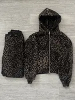 Conjunto de Sudadera con Cremallera y Estampado de Leopardo con Pedrería y Pantalones de Pierna Ancha para Mujer 2026, Ajuste Holgado, Estilo Y2K, Dos Piezas