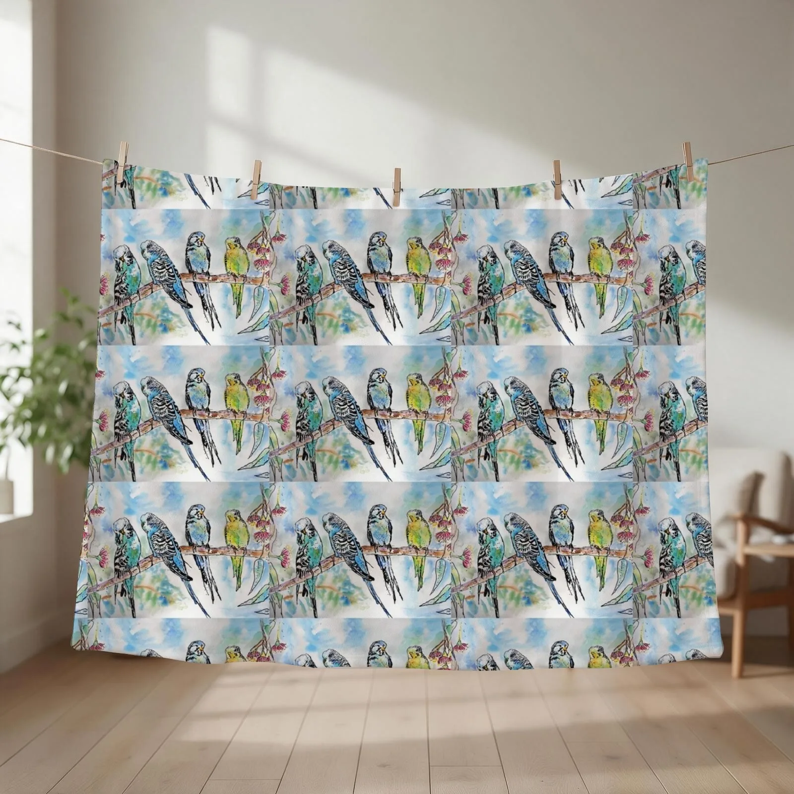 Colourful Budgies Budgerigars Sitting on A Branch Watercolor Painting Throw Blanket