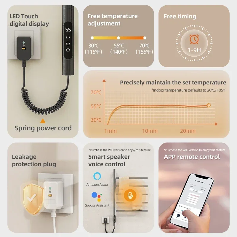 Elektrische Verwarmde Handdoek Rail Digitale Display Temperatuurregeling Timing Draaibare Slimme Badkamer Thermische Handdoekverwarmers G63