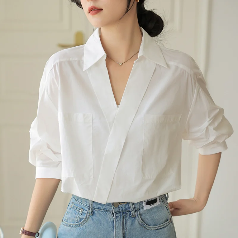 

White Short Sleeve Cotton Shirt Women Summer Thin Office Lady Tops V-neck Blouse Casual Women Fashion 2023 Loose Blouses 27509