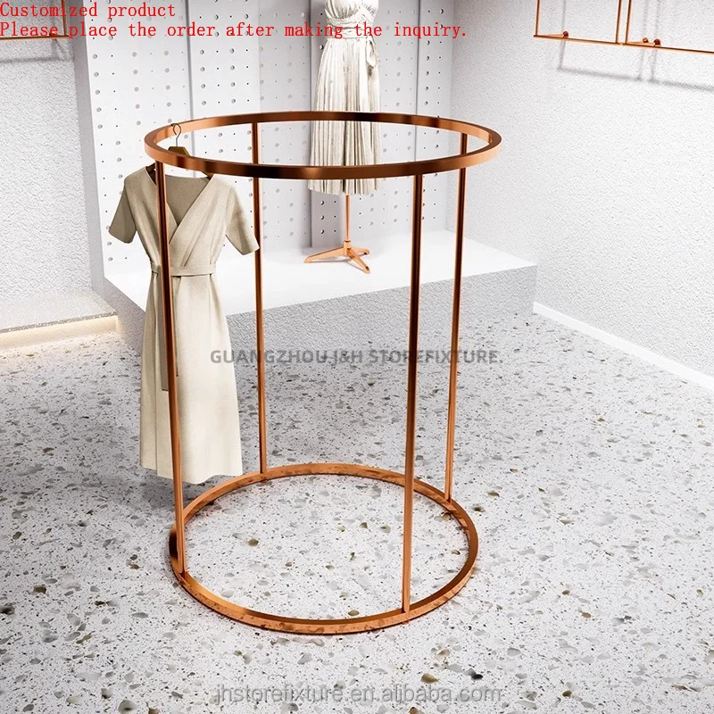 

Clothing Store Floor Display Rack Rose Gold Stainless Steel Hanging Clothes Display Rack Women's Store Shelves