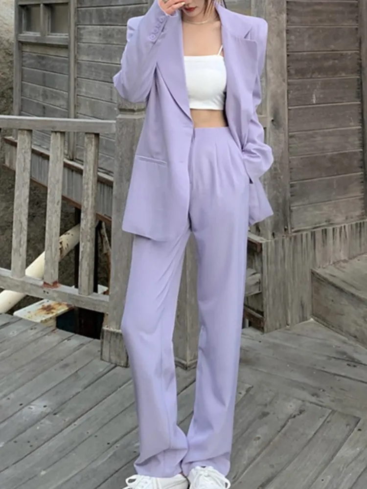 Women\'s Purple Blazer Pantsuit, Long Sleeve Jacket, Pants, Casual Fashion, Business, Spring, Summer, 2 Piece Set