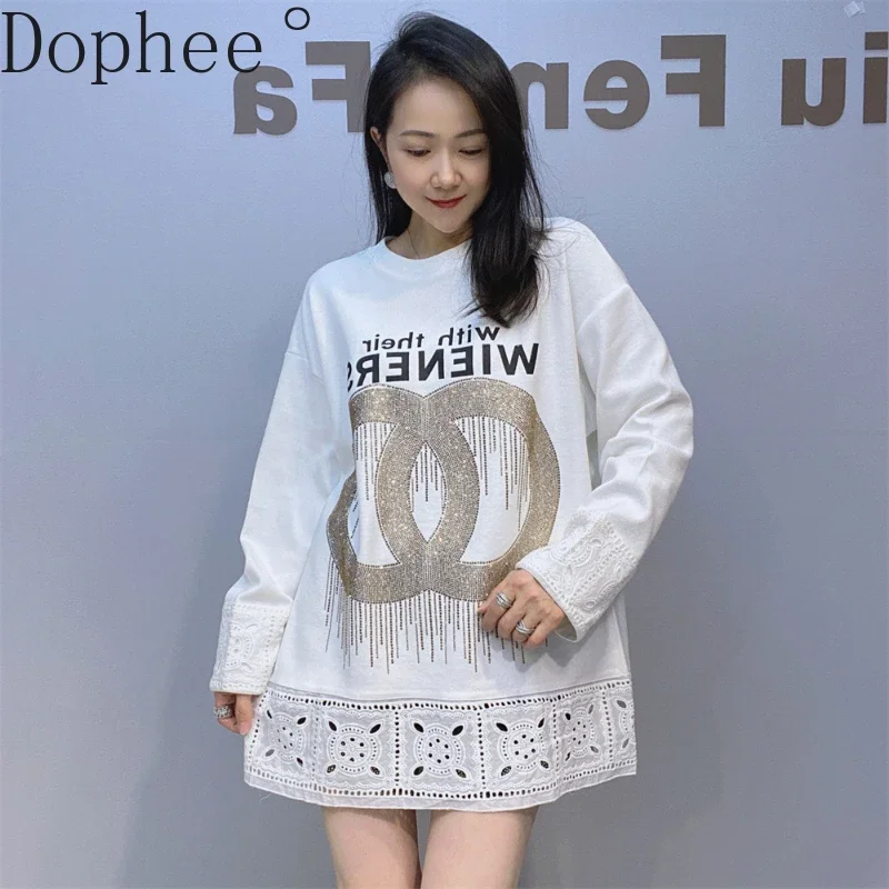 

Autumn Winter Fashion Hollow Out Lace Splicing Long Sleeve T-shirt Mid-long Thicken Velvet Basic Top Hot Drilling Loose Tshirts