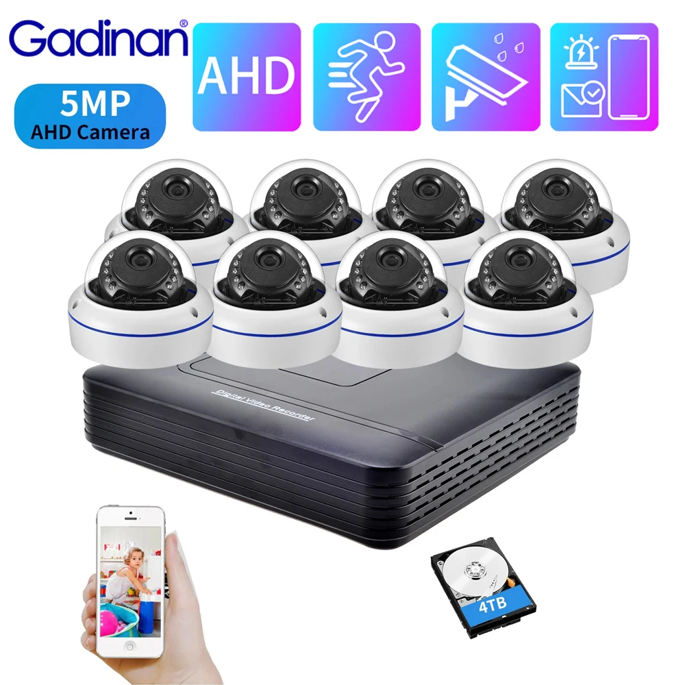 

Комплект для видеонаблюдения Gadinan 8CH Mini AHD DVR Kit CCTV Camera 5 in 1 Indoor Outdoor 5MP Dome Metal AHD Camera