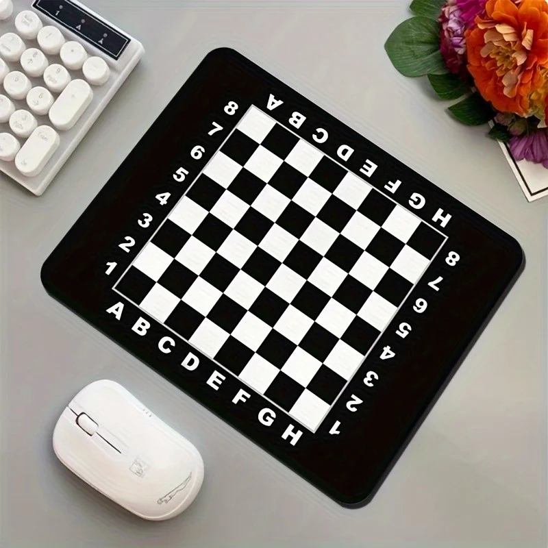 Chess-Themed Mouse Pad Black and White Checkered Design Square Desk Mat Anti-Slip Rubber Base Portable PC Pads Letter Patterns
