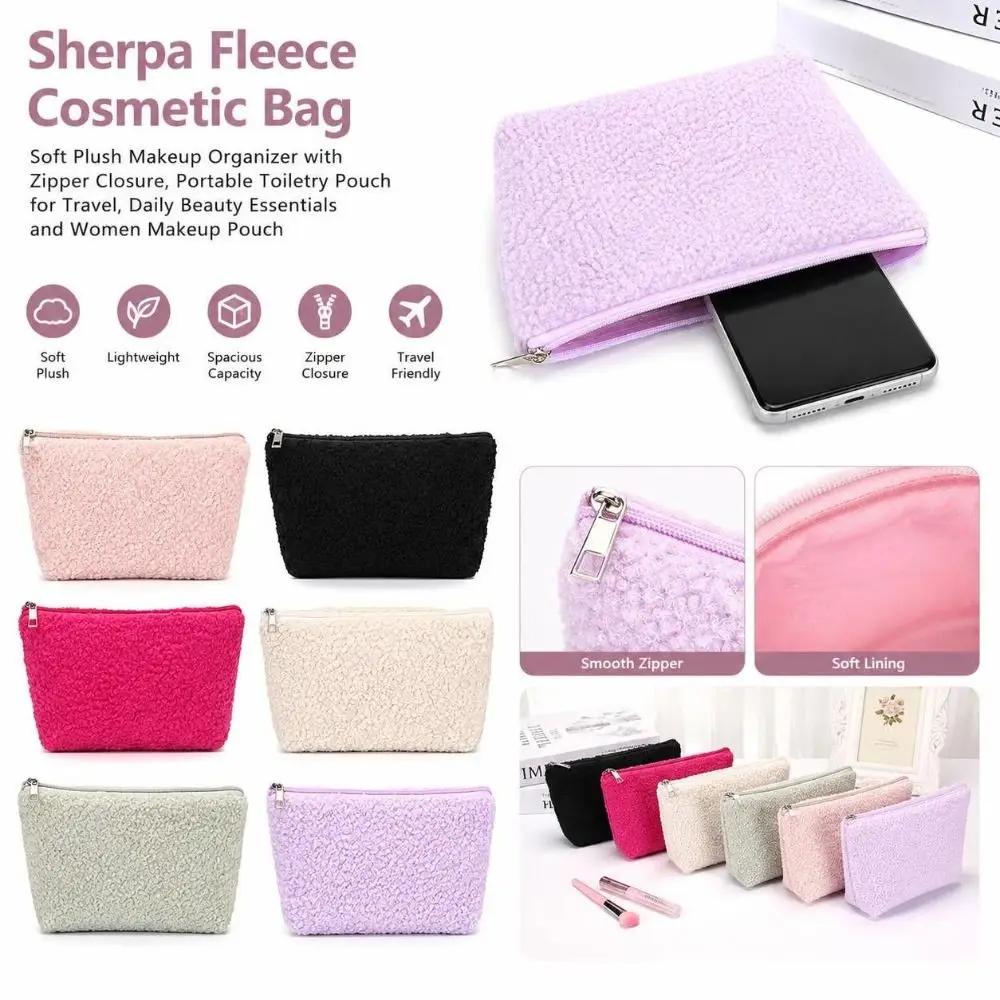Portable Sherpa Fleece Cosmetic Bag Soft Texture Zipper Closure Makeup Pouch Makeup Organizer Beauty Essentials