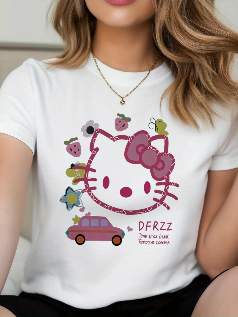 

Женская футболка Sanrio for Hello Kitty — милая футболка с короткими рукавами и круглым вырезом с принтом аниме, мягкий удобный тканевый повседневный топ