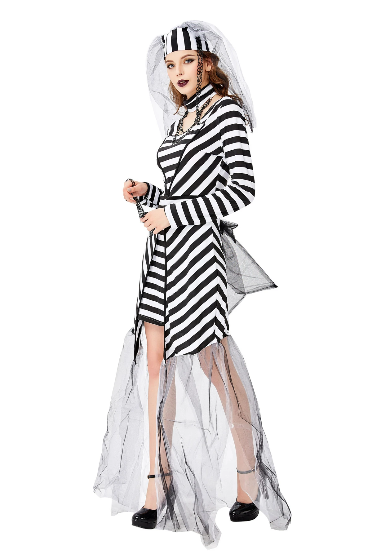 Carnival Party Halloween Inmate Prisoner Fancy Dress Ghost Vampire Bride Costume for Women Girls Lady with Veil Full Set Uniform