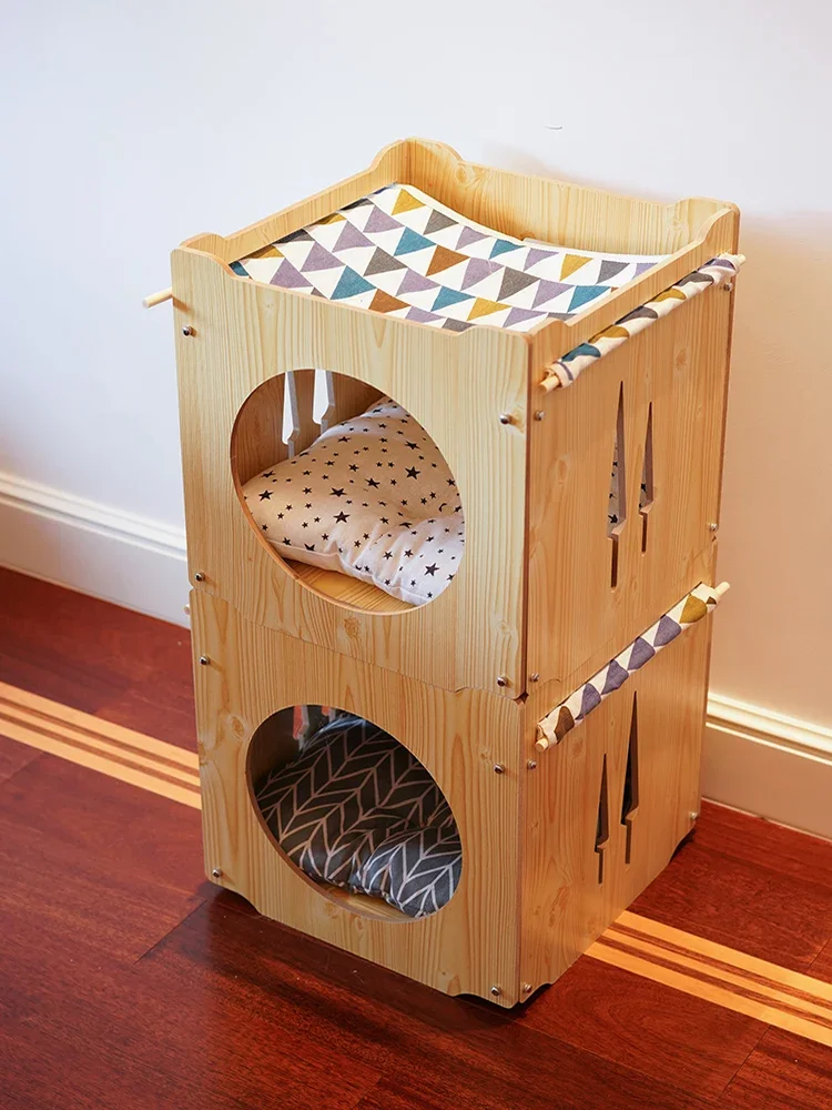 Accessories Cat Beds Cattery Wooden Cat House Cat Villa Wooden Bungalow All-season Building Block Combination Supplies Pet Bed