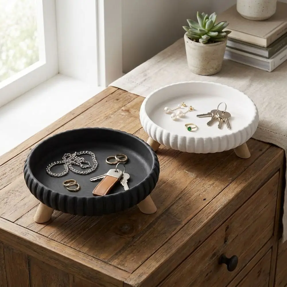 3D-Printed Three-Legged Storage Tray Artistic Minimalist Style Sundries Storage Dish Rippled Round Desk Decorative Plate