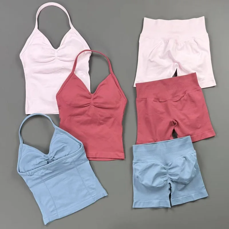 Women 2 Pieces Seamless Sports Set Halter Longline Strappy Top Tummy Control Shorts Gym Yoga Sets Running Workout Sportswear