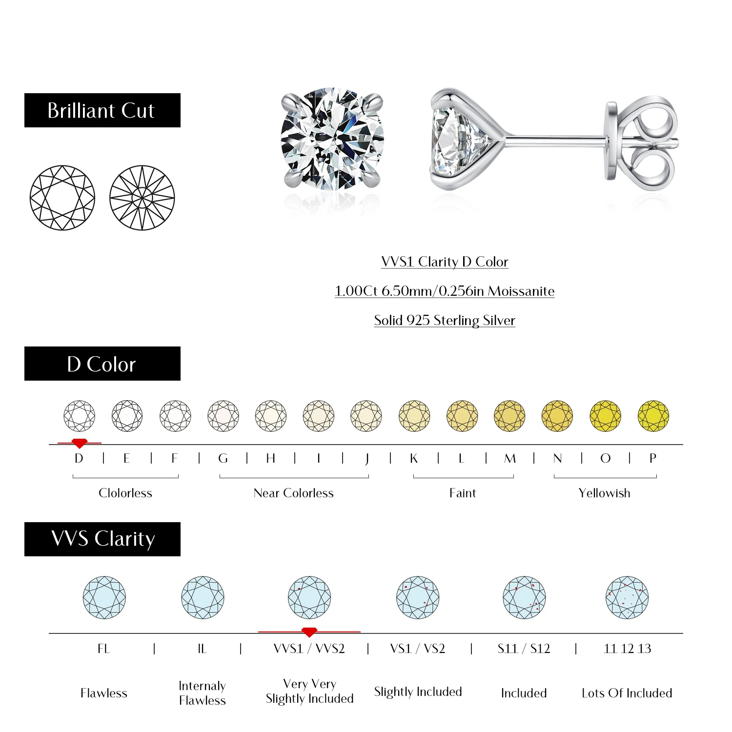 MODIAN D Color 1CT Moissanite Stud Earrings 925 Sterling Silver Wedding Engagement Lab Created Diamond Jewelry For Women Gift