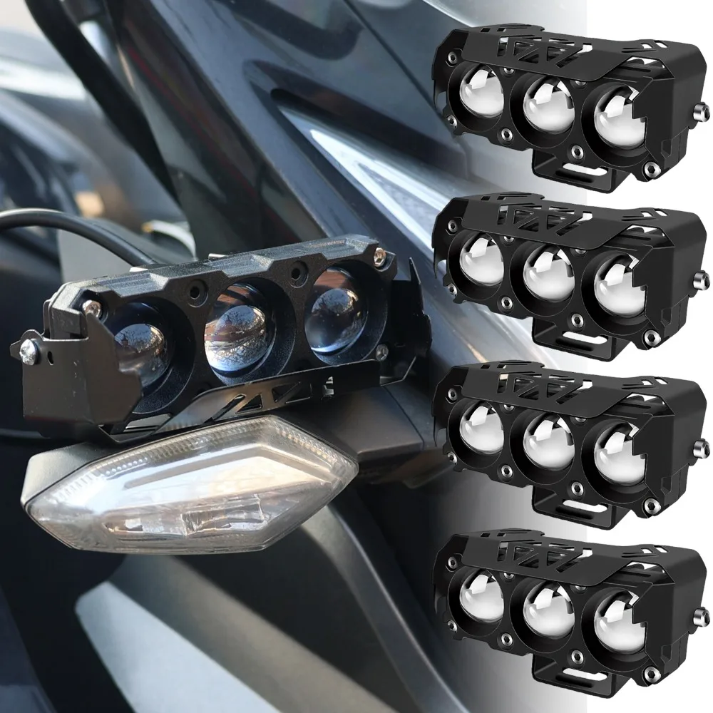 

3 Lens Motorcycle Headlight LED High Low Beam Dual Color Auxiliary Spot Light E-Bike Modification Lamp Lighting Accessories
