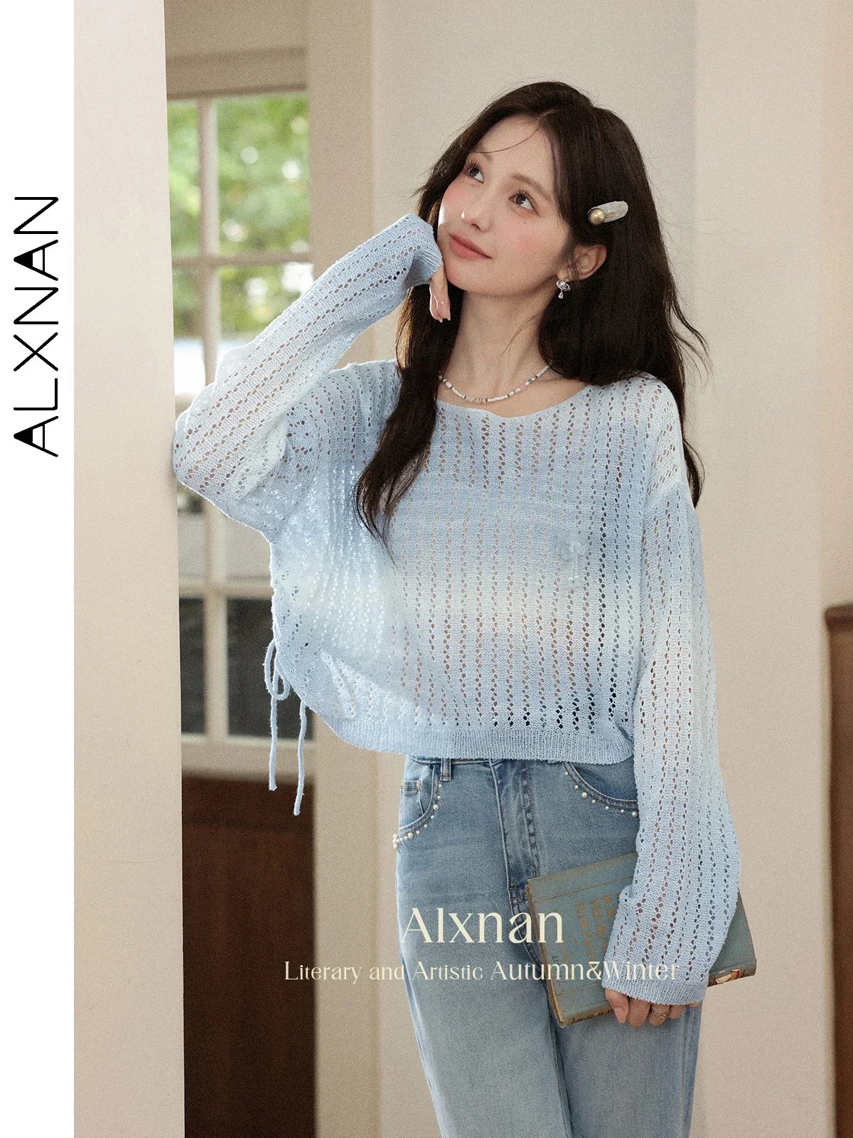 

ALXNAN Woman's Knitted Pullovers Delicate Hollow-out Drawstring Hem Sweater Autumn Graceful Comfortable Versatile Tops L56779