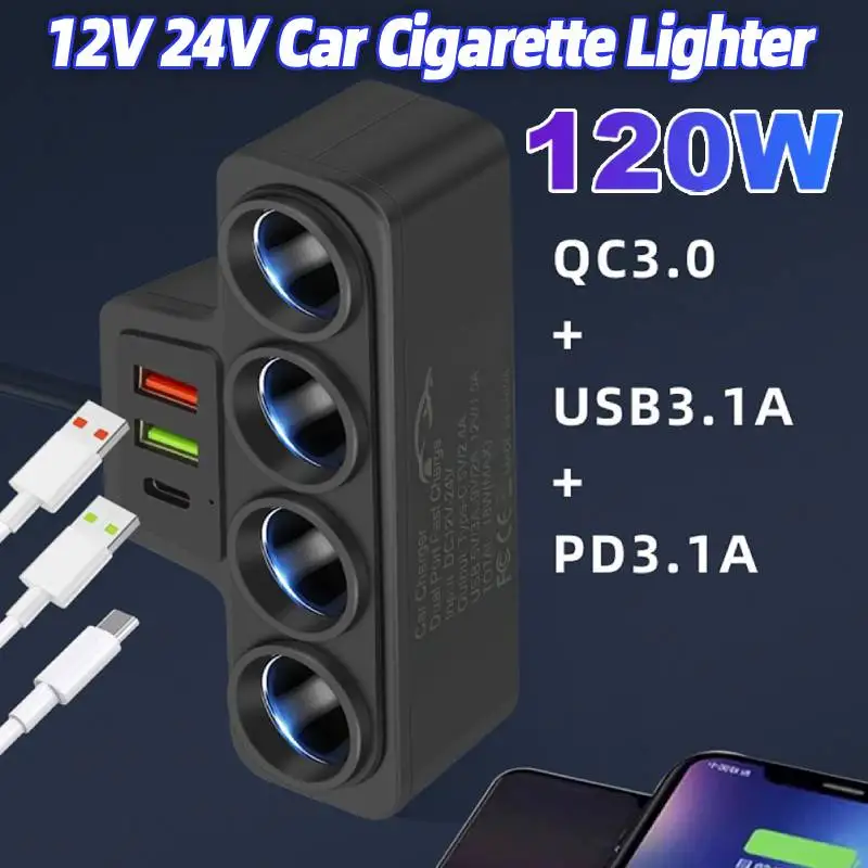 

Автомобильный адаптер прикуривателя QC3.0+PD 3.1A 3 USB-порта Штекер быстрого зарядного устройства 4-разъемный адаптер питания для телефона USB-адаптер зарядного устройства для телефона