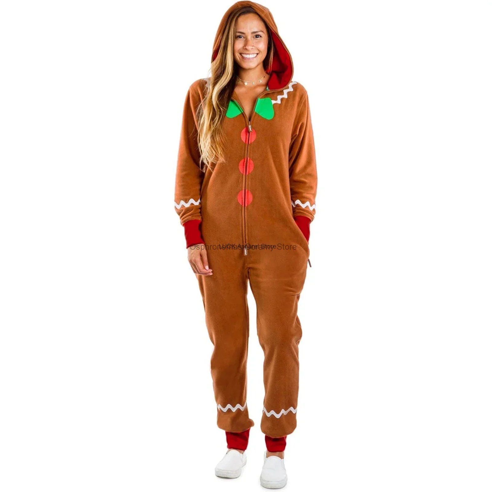 Adult Christmas Cosplay Costume Gingerbread Long Sleeve Zipper Hooded Jumpsuit for Men Women Party Role-playing Cosplay