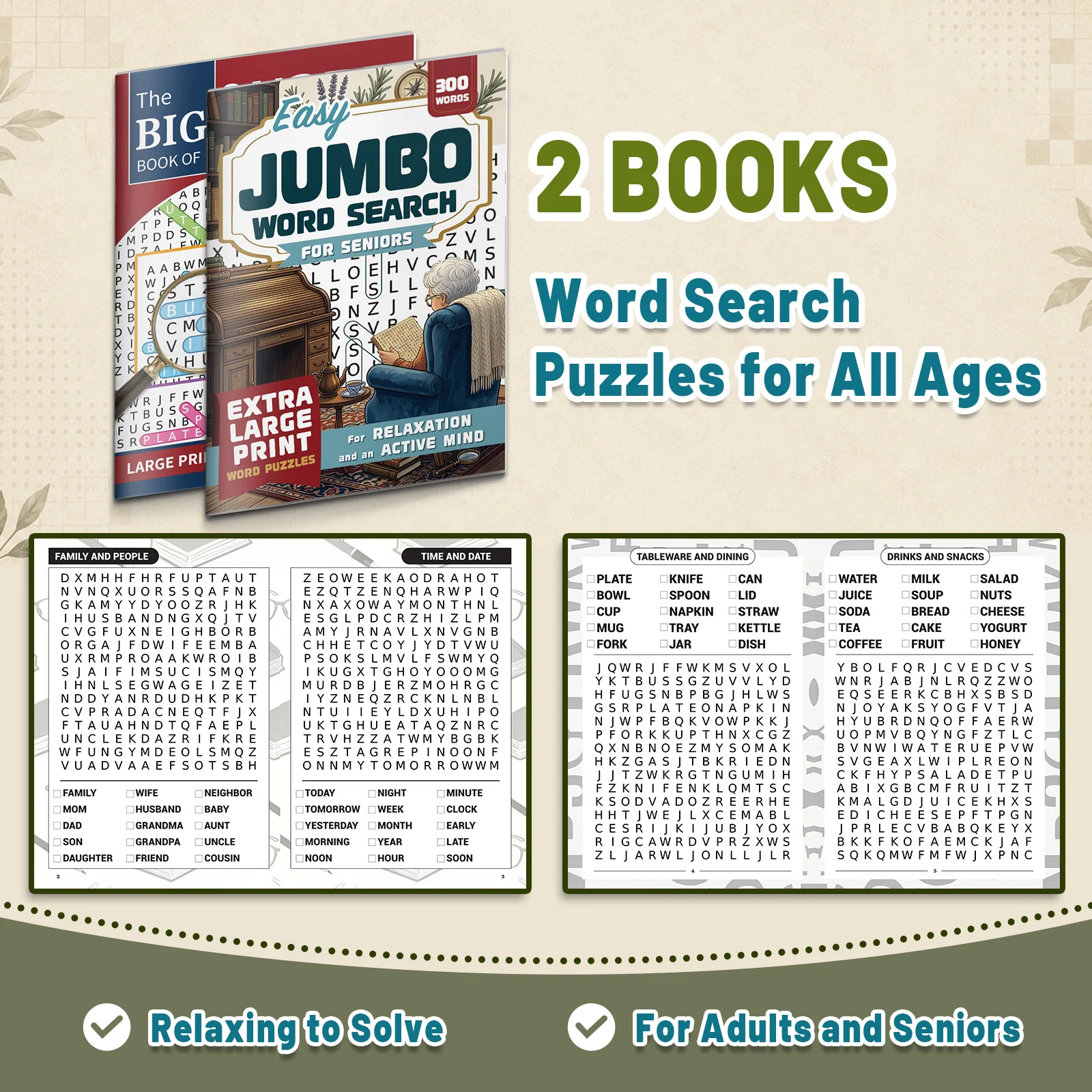 2-Book Large Print Word Search Puzzle Set for Adults & Seniors: Easy Jumbo Word Search for Seniors and The Big Book of Word
