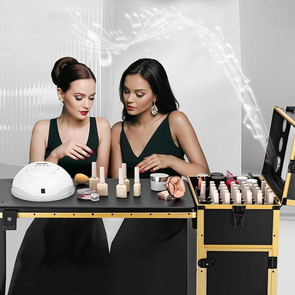 Makeup Case with LED Mirror, Bluetooth Speaker, TSA Lock, Large Foldable Cosmetic Organizer for Nail Salon