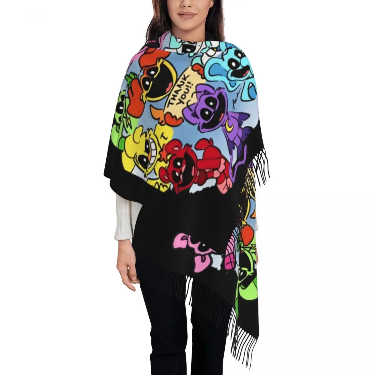 

Женские длинные шарфы с улыбающимися животными, женские зимне-осенние толстые теплые шаль с кисточками, шарф с героями мультфильмов