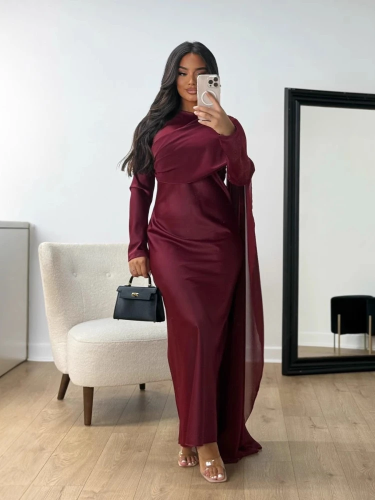 Autumn/Winter New Women's Floor Covering Butt Wrapping Satin Chiffon Maxi Dress Celebrity Party Birthday Party Evening Dresses