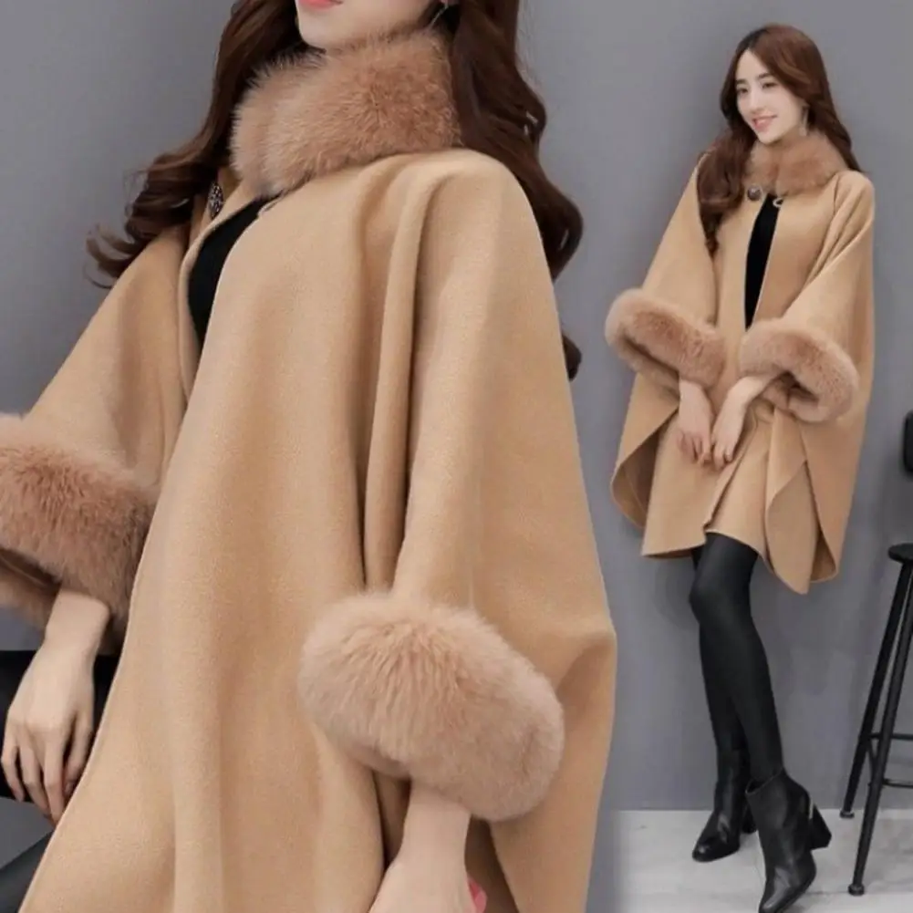 Winter Poncho Women Faux Fur Collar Cape Coat Women Batwing Sleeve Loose Pullover Cloak Coat capes et ponchos пончо женское