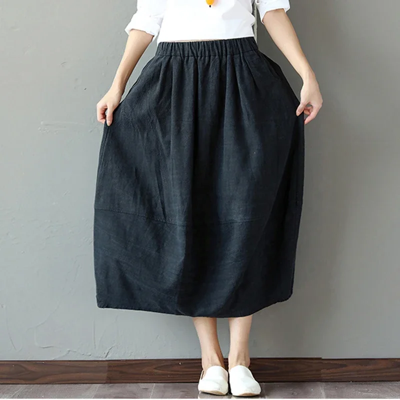 Elastic waist Cotton Linen Solid color Women Skirt Vintage Mori girl style Casual Summer Skirt female Cute Long Skirt QH1240