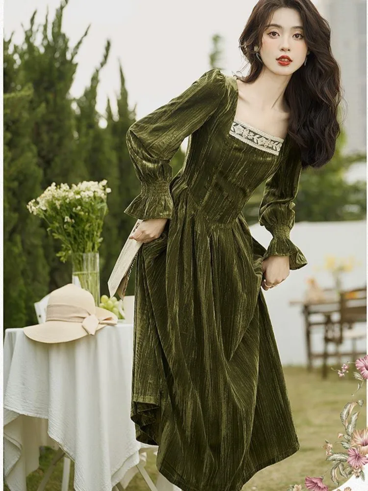 French Elegant Vintage Velvet Midi Dress Spring Antumn Square Collar A-line Harajuku Robe Female Casual One Piece Clothing