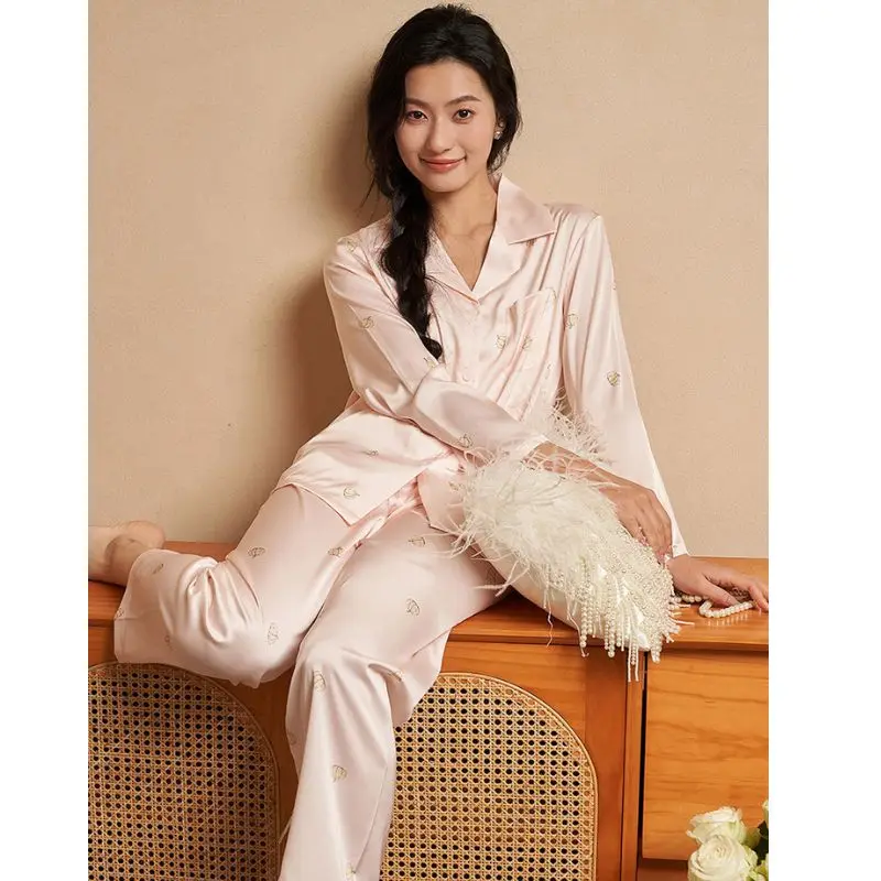 New Ladies Faux Silk Polyester Cute Pumpkin Pajama Sets Comfort Satin Homewear Women Casual Luxury Pyjamas Female Sleepwear