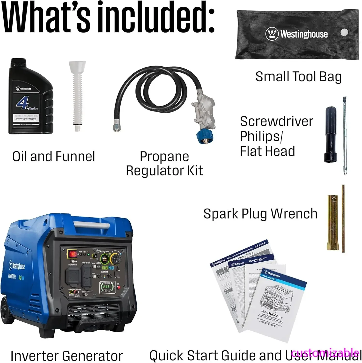 

2025Westinghouse 5000W Dual Fuel Portable Inverter Generator with Quiet Operation, Wheel and Handle Kit, Gas and Propane Compati