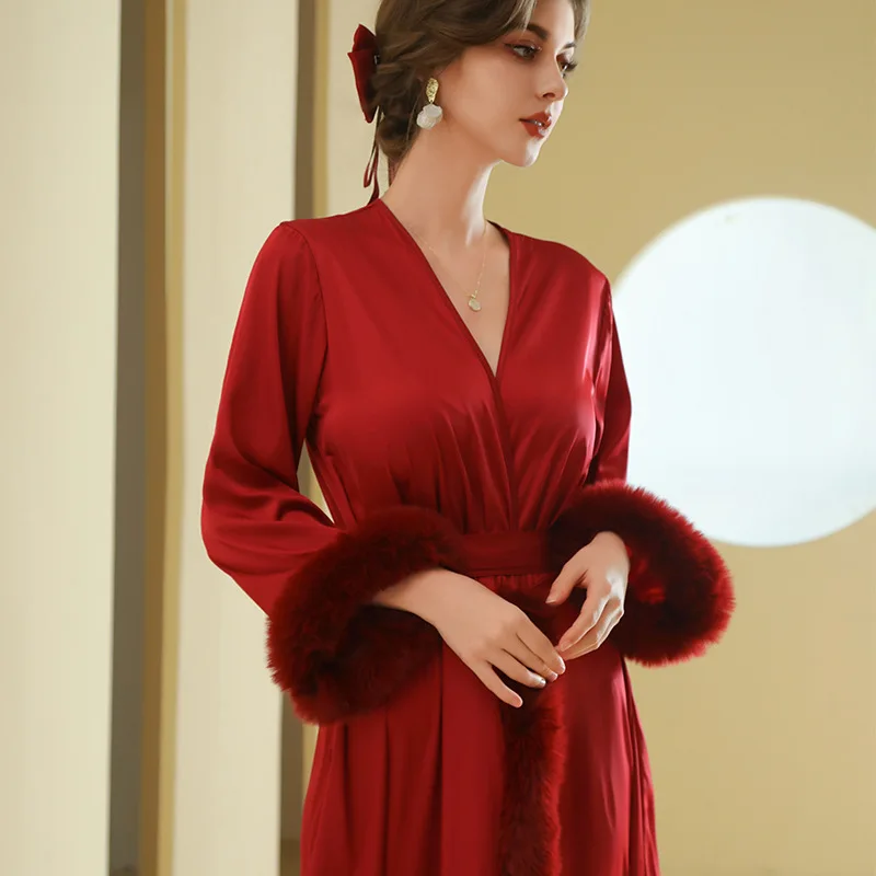 Burgundy Wedding Robe Bride Moring Gown Lady Elegant Feather Trim Kimono Bathrobe Intimate Lingerie Satin Nightwear Sleepwear