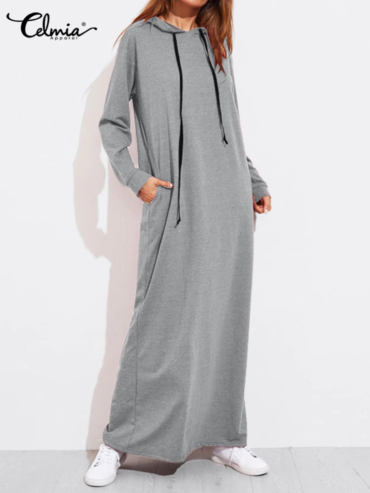 Celmia Women Hooded Dress Autumn 2023 Casual Long Sleeve Pockets Hoodies Maxi Dresses Vintage Solid Long Vestidos Robe Femme