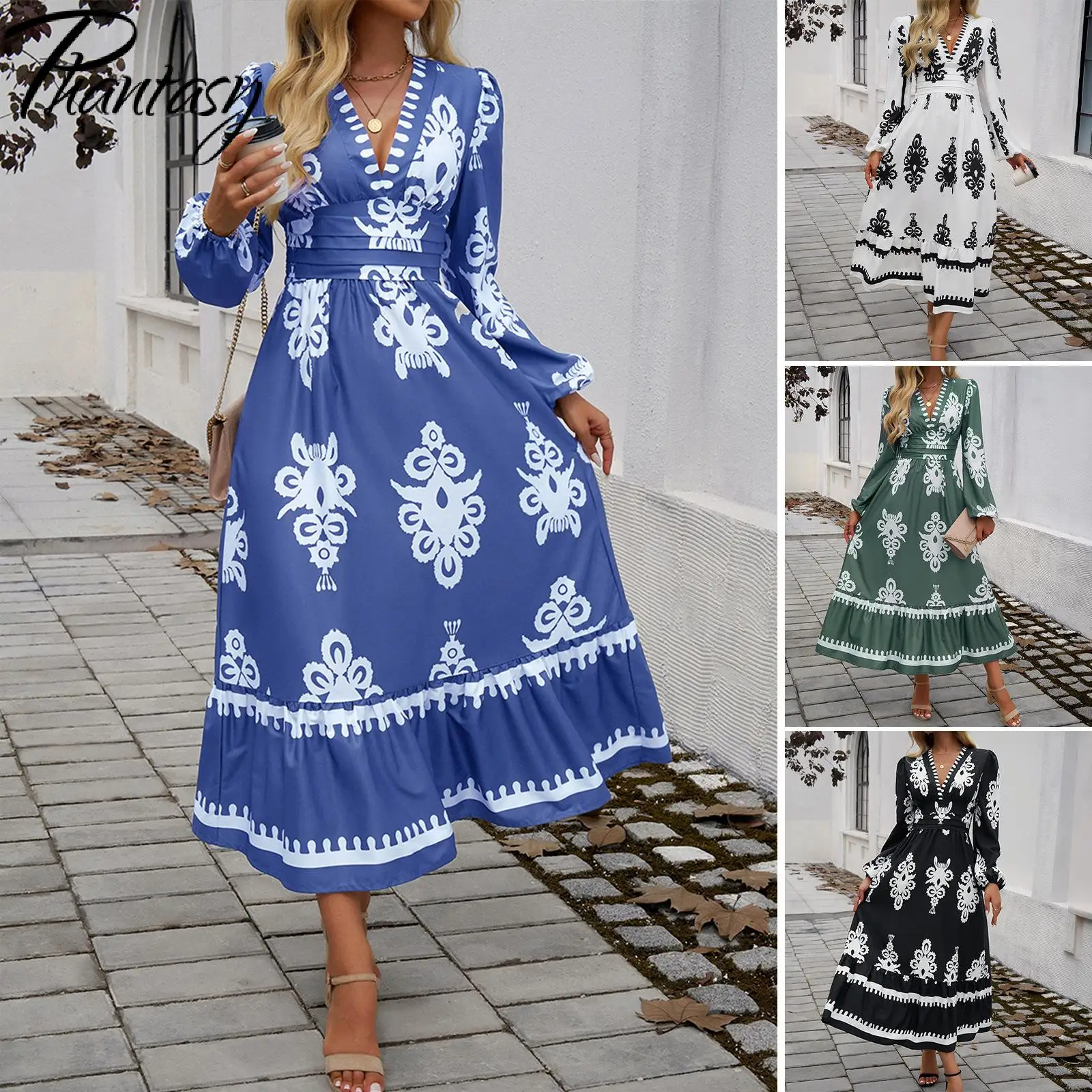 

Phantasy Autumn Women's Dress Long Sleeved V Neck Gown Puff Sleeve Casual Loose Robe Vintage Blue Dress Office Lady Outfit