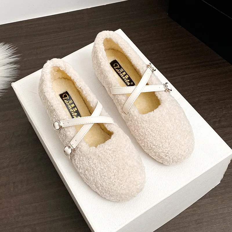 

Зимняя обувь Мэри Джейн на платформе 4 см, женские теплые балетки на меховой подкладке, нескользящие ботильоны без шнуровки на мягкой подошве, новинка 2023 года, повседневная обувь