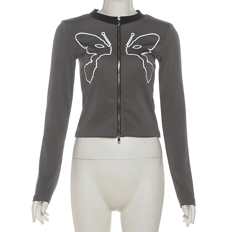 SylCue バタフライプリントコート女性秋トレンドジップカーディガンフルスリーブへそ露出デイリーストリートカジュアルシンプルファッションジャケット